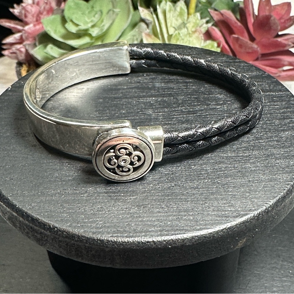 Brighton Black Braided Leather and Silver-Tone Decorative Cuff Bracelet